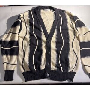 Bachrach Large 100% Cotton Low V Neck  4 Button Sweater Black & White Striped